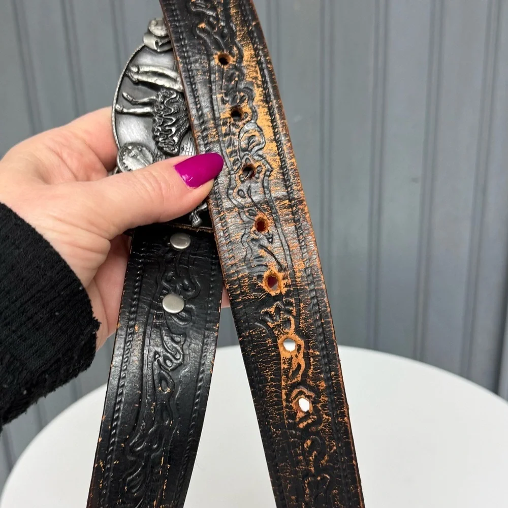 Vintage Siskiyou Black Distressed Leather Belt with Pewter Square Dancing Buckle